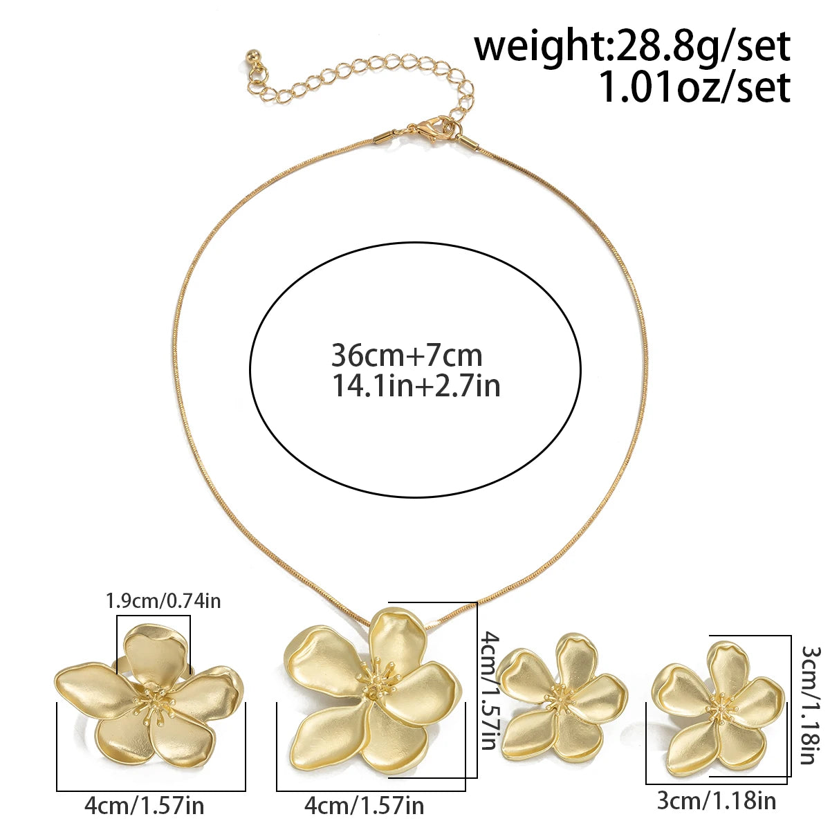 Goth Petal Flower Pendant Thin Chain Necklace Stud Earrings Rings for Women Wed Bridal Jewelry Set Engagement Gift New