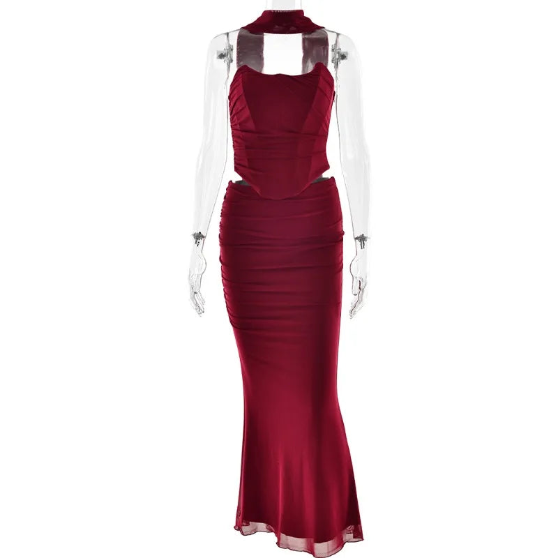 Sexy 2 Piece Set Mesh Strapless Corset Top and Maxi Skirt Co Ord Sets for Woman Elegant Party Outfit