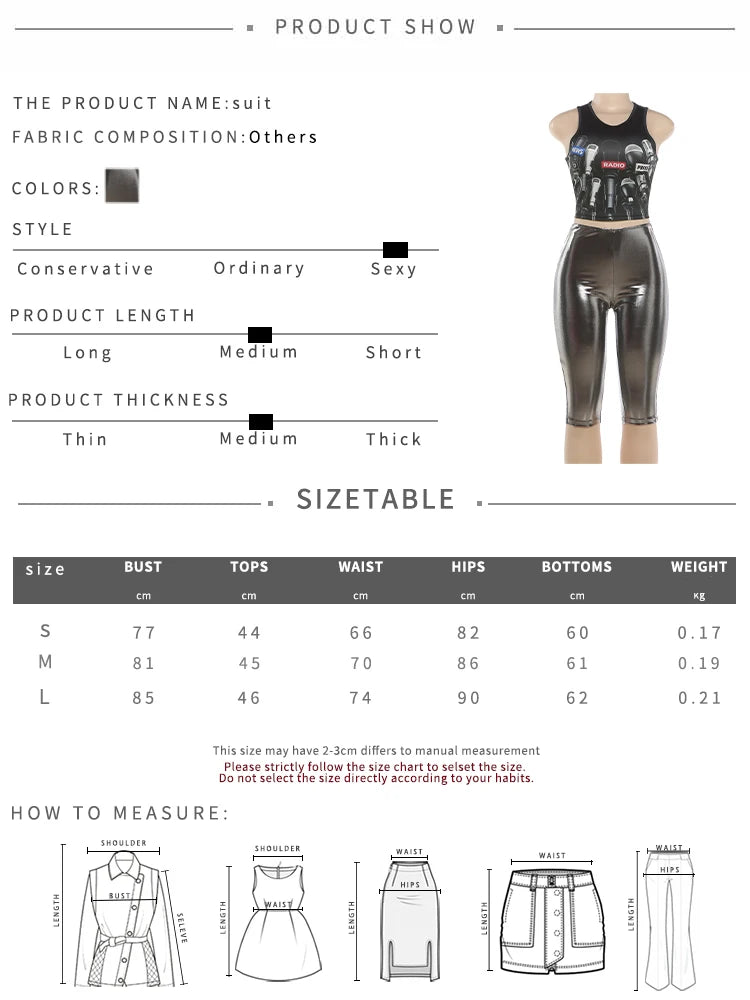 Sexy Fashion 2 Piece Set Woman Summer Trend o-Neck Shape Waist Tank Tops+Reflection Design Shorts Street Style Suits