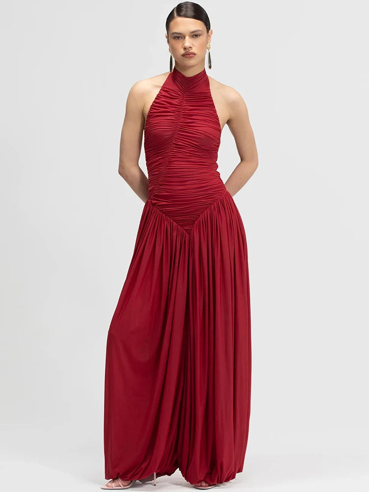 Halter Jumpsuits Women Ruched Sleeveless Backless Bodysuit Pleated Wide Leg Palazzo Pants Evening Party Flowy Overalls