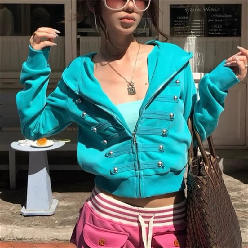 Womens Trendy Cropped Zip Hoodie Military Double Metal Buttons Design Hooded Long Sleeve Slim Short Jacket Street Top