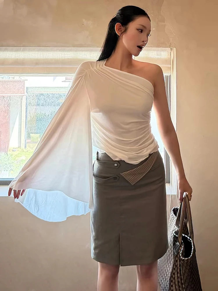 Slanted Shoulders t-Shirt Women One-Sided Flare Sleeve Folds Solid Skinny Simple Classic Street Leisure Chic Outfit