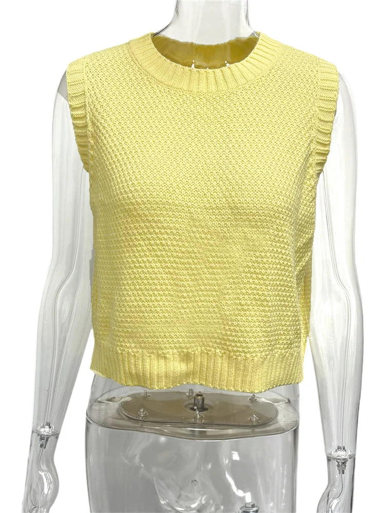 Lace-Up Back Split Tank Top Women 2025 O-Neck Knit Y2K Stretch Simple Solid Sexy Elegant Clubwear Skinny Summer Vest