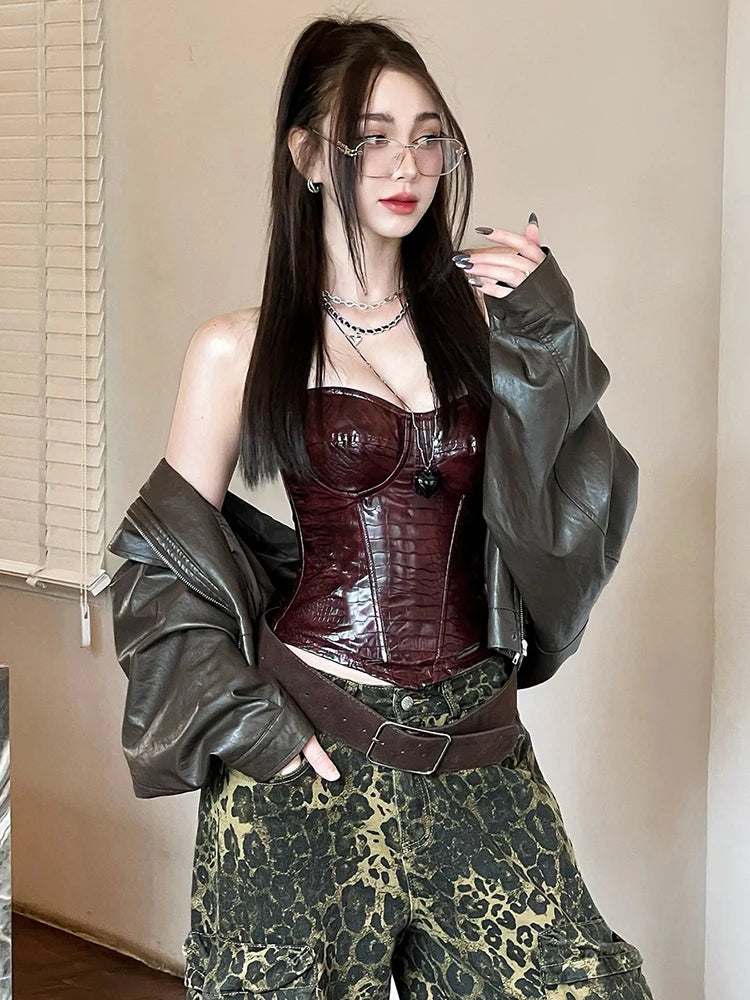 Faux Leather Corset Tops Women Low-Neck Sexy Midnight Skinny Hottie Retro Music Festival Wild Hip Hop Style Streetwear