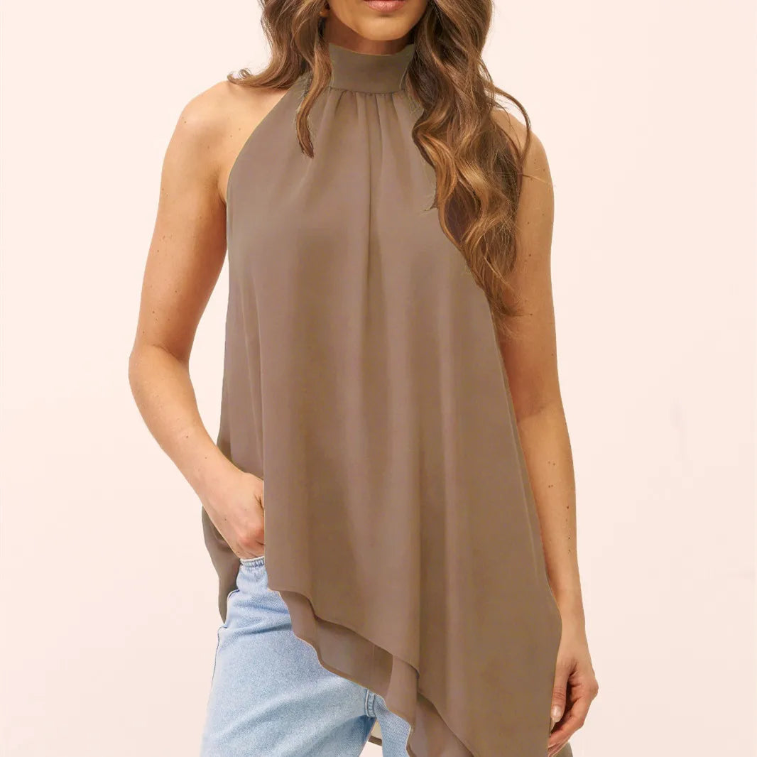 Elegant Polka Dot Halter Top Women Open Back Chiffon Top Tie Neck Asymmetrical Hem Flowy Sleeveless Top SummerStreetwear