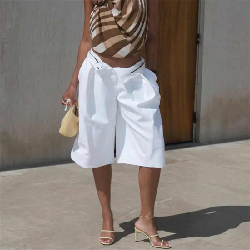 High Rise Pleated Bermuda Shorts Solid Wide Leg Suit Fabric Culottes Women Elegant Office Street Mid Calf Dress Shorts