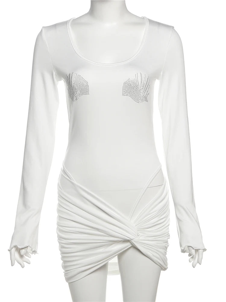 Diamonds Seashell Women 2 Piece Set Sexy Y2K Crew Neck Full Sleeve Bodysuits+Knot Cross Mini Skirts Matching Clubwear