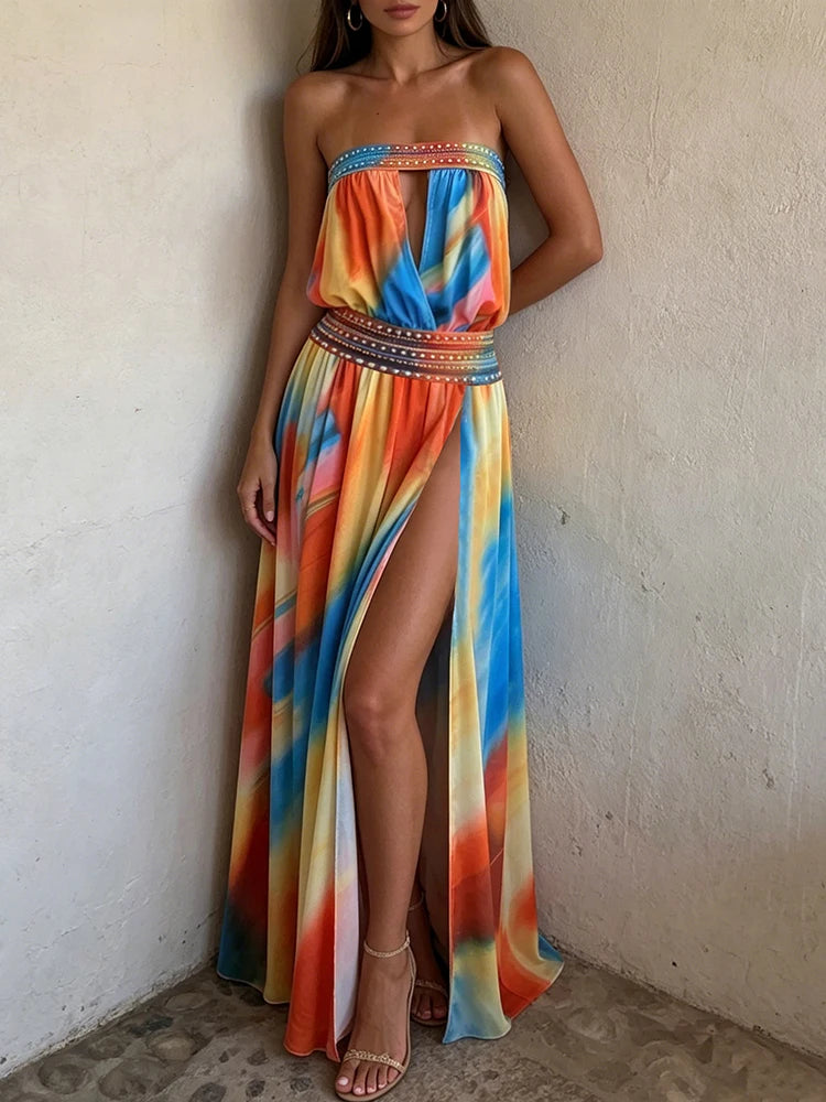 Colorful Print Dress Woman Sexy Wrap Chest Backless High Splits Summer Holiday Beach Party Elegant Style Long Bodycon