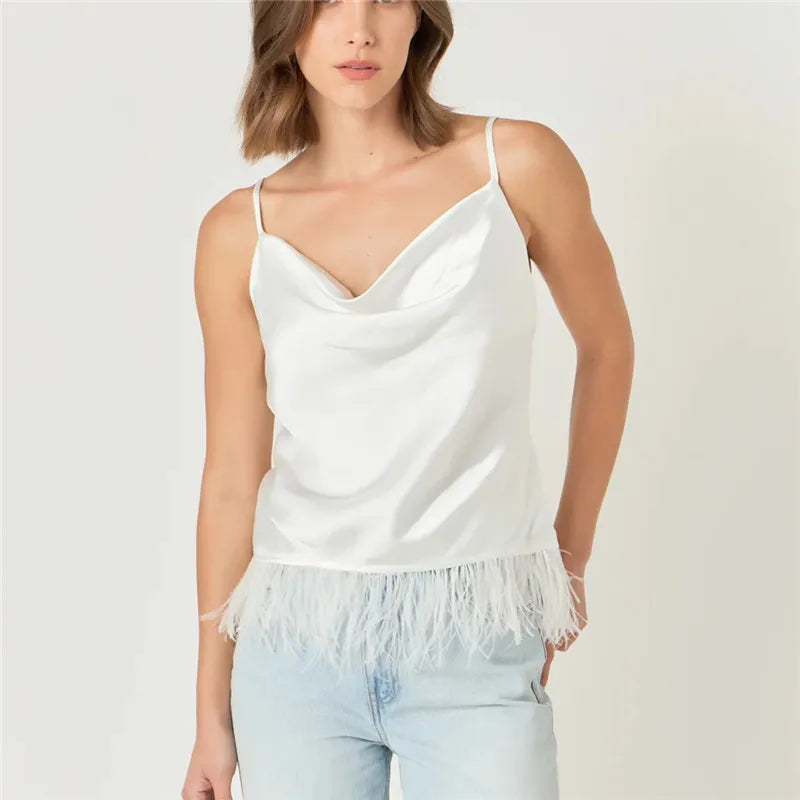 Women Feather Tank Top Summer High Street Sleeveless Fluffy Fur Cami Tops Flowy Fringe Y2k Going Out Crop Tops