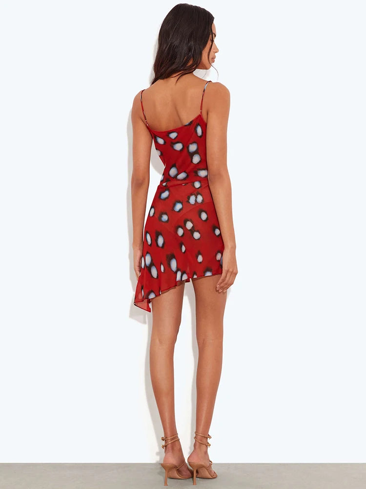 Women Red Polka Dot See Through Sexy Mini Dress Women Elegant Spaghetti Strap Sleeveless Backless Ruffle Slip Dress