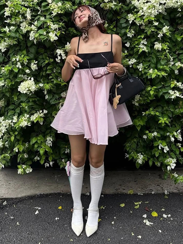 Patchwork Mesh Dress Women Ruffles Low-Neck Sleeveless Sweet Summer New Trend Beach Party Vacation Chic Mini Bodycon