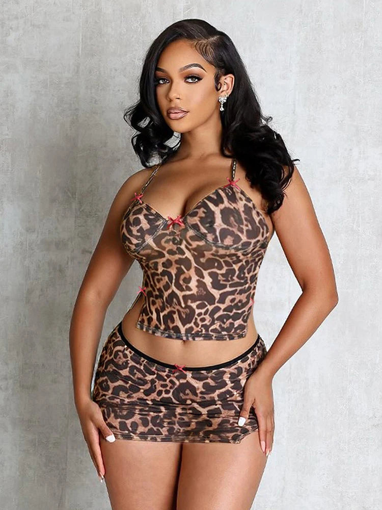 Bows Split 2 Piece Set Women Y2K Leopard Print Halter Bandage Camisole+Skirt Matching Street Stretch Skinny Clubwear