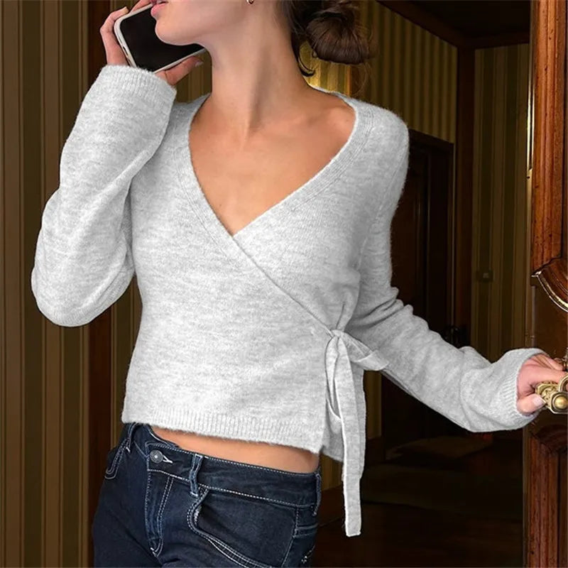 Women Y2K Wrap Cardigan Fairy V Neck Side Tie Long Sleeve Loose Fit Crop Sweater Top Preppy Fall Winter Knitwear