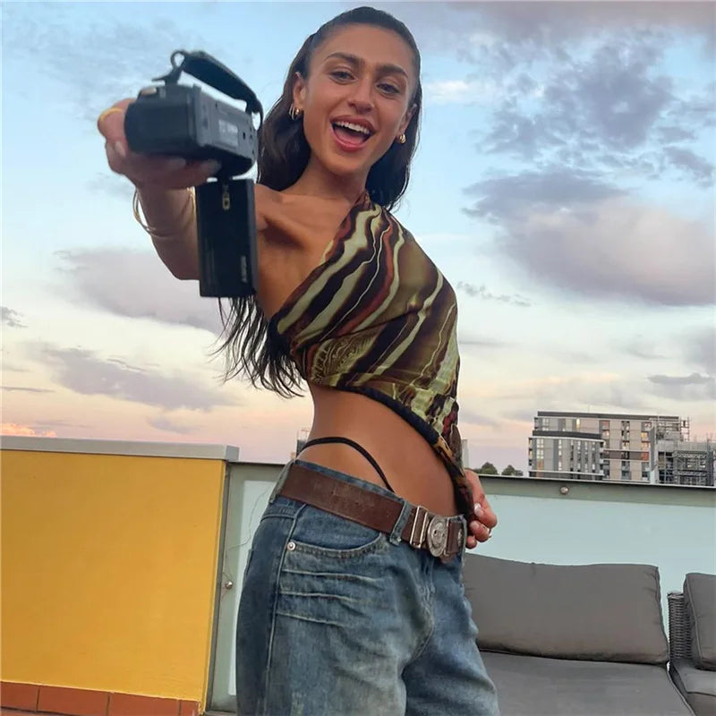 Abstract Print Tank Tops Y2k Tees Summer Clothing for Women Trendy Sexy Asymmetric One Shoulder Crop Top