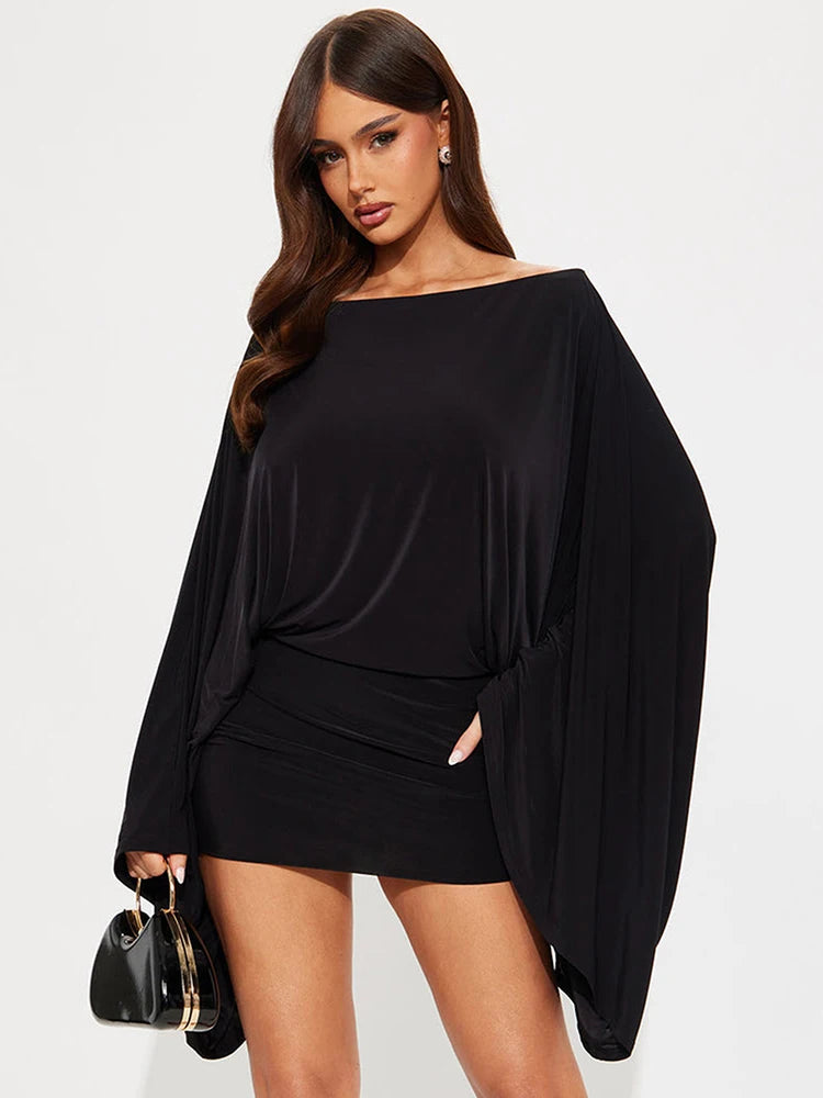 Sexy Slash Neck 2-Piece Set Women Big Flare Sleeve Top+Peach Hip Skirt Matching Stretch Skinny Elegant Street Outfits