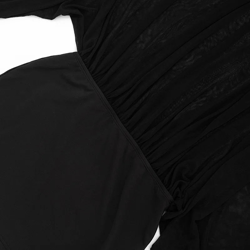 Long Sleeve Cold Shoulder Sheer Mesh Mini Dress Club Wear Party Outfit Black Dresses Woman Sexy Clothing