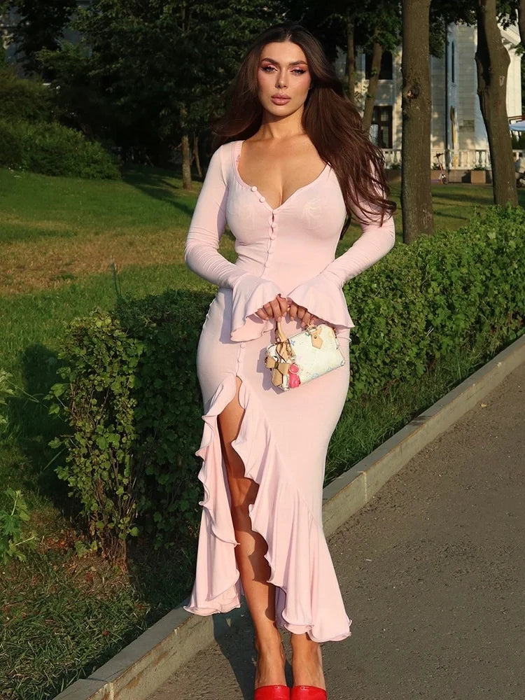 Button Up Flare Sleeve Ruffled Split Long Dresses Pink White Black Sexy Fall Dresses Woman Elegant