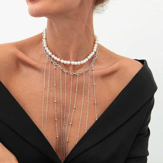 Trendy Imitation Pearls Choker Necklace For Women Unique Creative Long Tassel Chain Pendant Necklace Jewelry Gift 2025