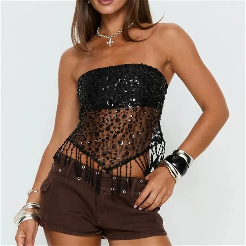 Edgy Black Sequin Mesh Tube Top Women Strapless Sheer Lace Fringe Trim Crop Top for Nightclub Party Rave Outfit