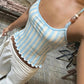 High Street Trend Stripes Tank Tops Women Hottie Backless Bead Halter Bandages Piping Stretch Fashion Simple Club Vest