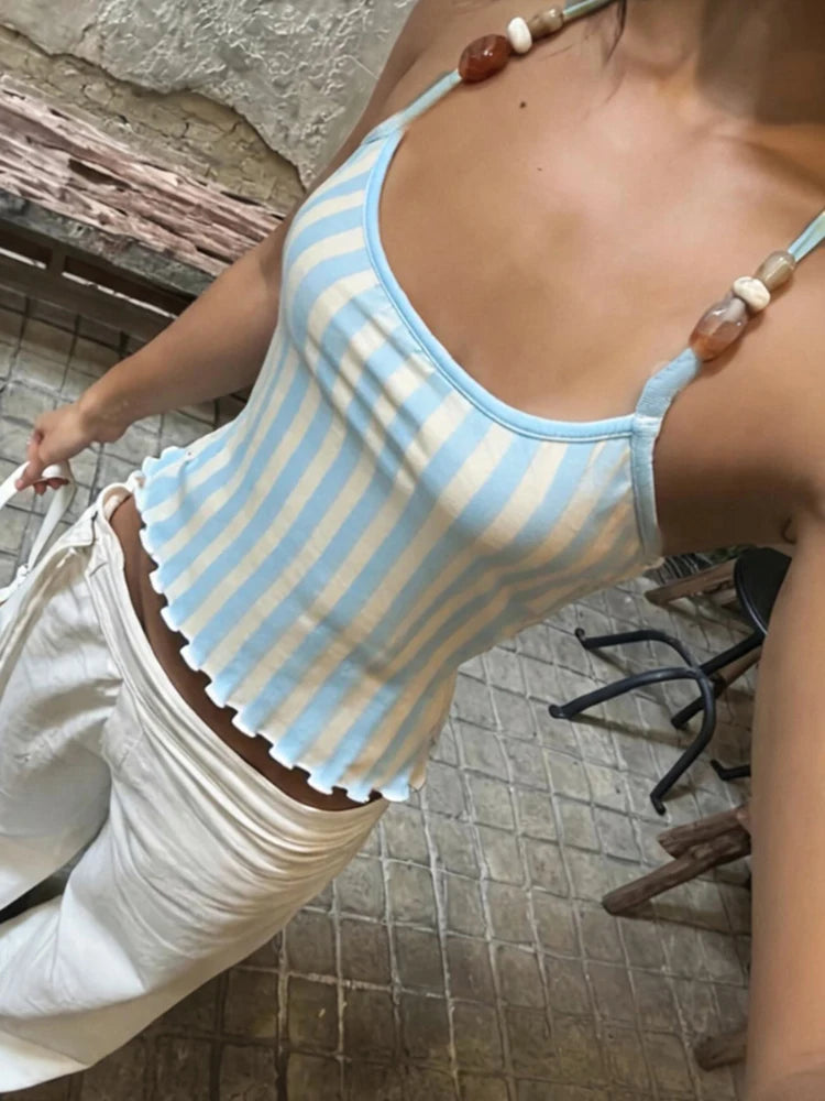 High Street Trend Stripes Tank Tops Women Hottie Backless Bead Halter Bandages Piping Stretch Fashion Simple Club Vest