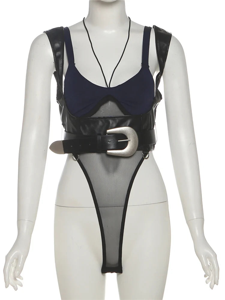 Sexy Fake 2-Pieces Patchwork Bodysuit Women Chest Wrapped Mesh PU Wide Waistband Skinny Music Festival Clubwear Tops