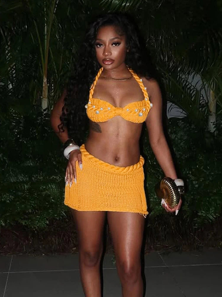 Vacation Women 2 Piece Set Summer Pearl Plait Halter Shirring Camisole+Zip Peach Hip Skirts Matching Crochet Clubwear