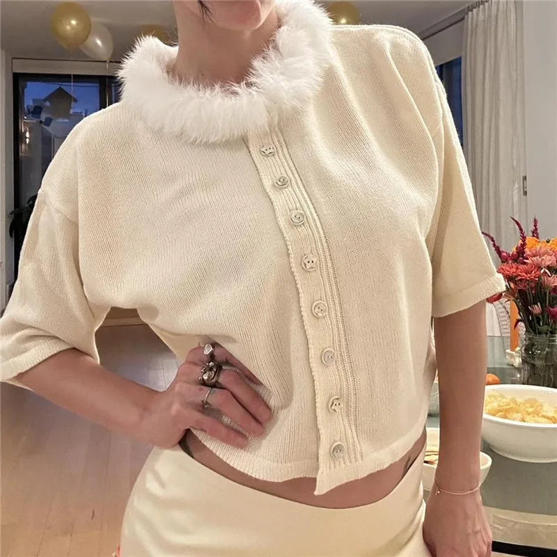 Harajuku Kawaii Furry Neck Short Sleeve Knit Crop Top Women Button Cropped Cardigan Pastel Color Soft Knit Street Outfit