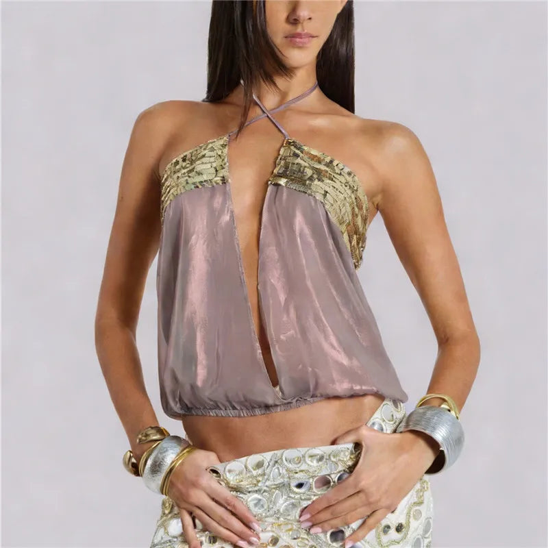 Summer Sheer Backless Tie Up Halter Camis Sequin Patchwork Split Front Crop Top Sexy Women Beach Sleeveless Shirt Vest
