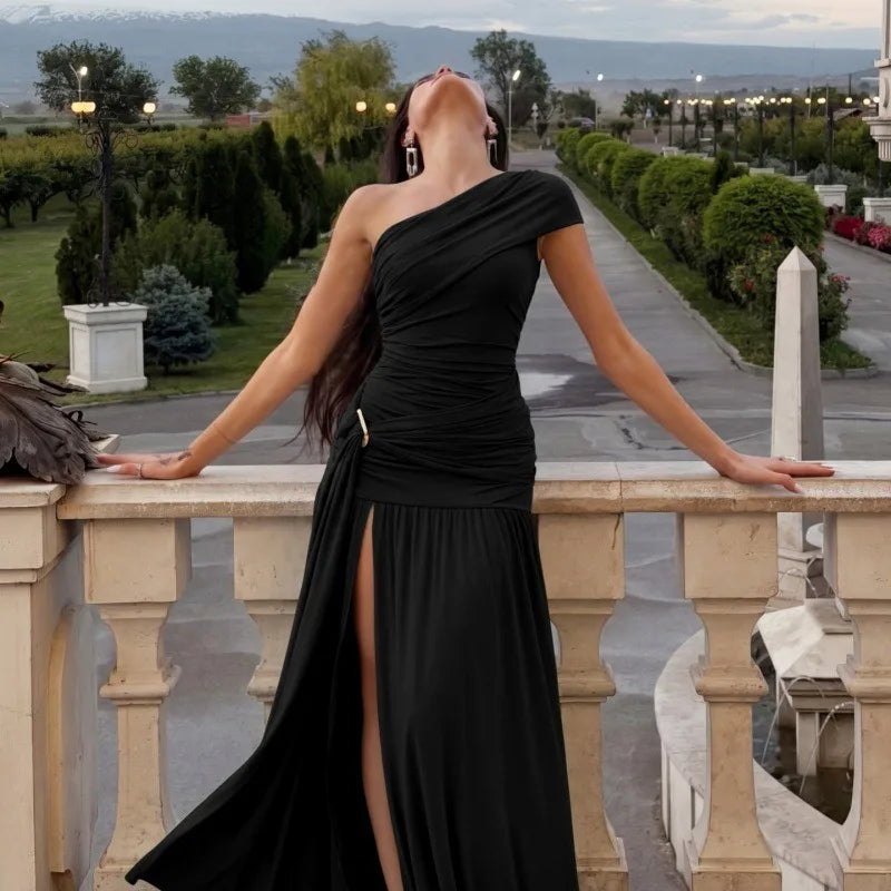 Asymmetric One Shoulder High Slit Maxi Dress Green Evening Party Dresses Woman Elegant Luxury