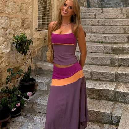 Women Color Block Halter 2 Piece Set Lace‑Up Back Corset Top Asymmetrical Maxi Skirt Summer Party Beach Matching Outfit