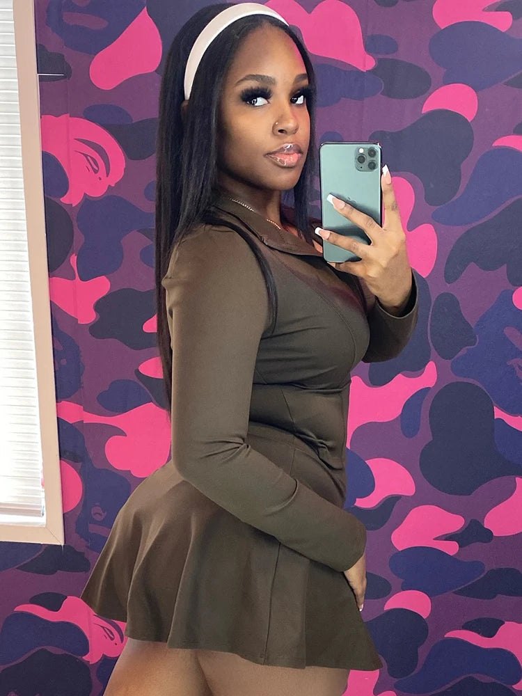 Y2K Solid Style 2 Piece Set Women Zipper Cardigan Full Sleeve Tops+Ruched Mini Skirts Daily Casual Simple Streetwear