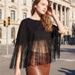 Women Fringe Cape Shawl Round Neck Short Poncho Tassel Hem Capelet Back Zipper Evening Party Cover Up Dressy Outerwear