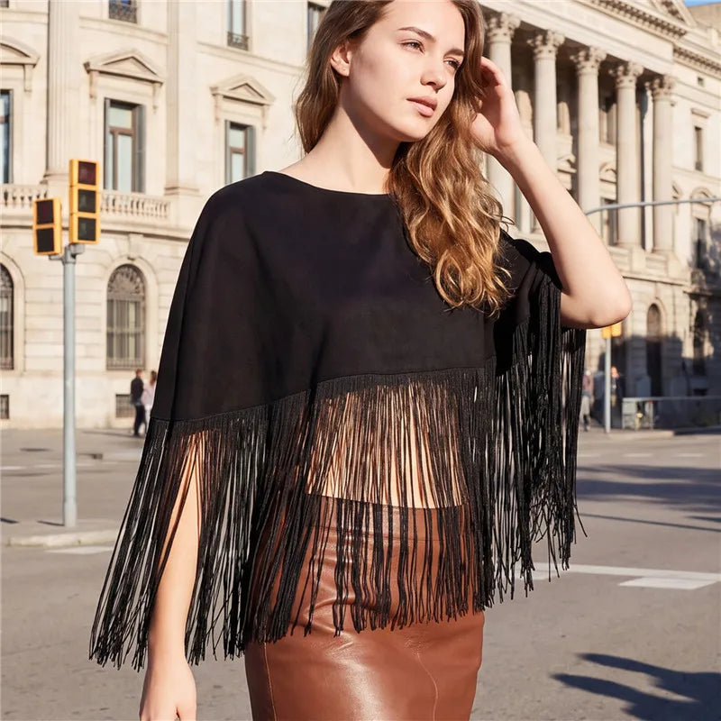 Women Fringe Cape Shawl Round Neck Short Poncho Tassel Hem Capelet Back Zipper Evening Party Cover Up Dressy Outerwear