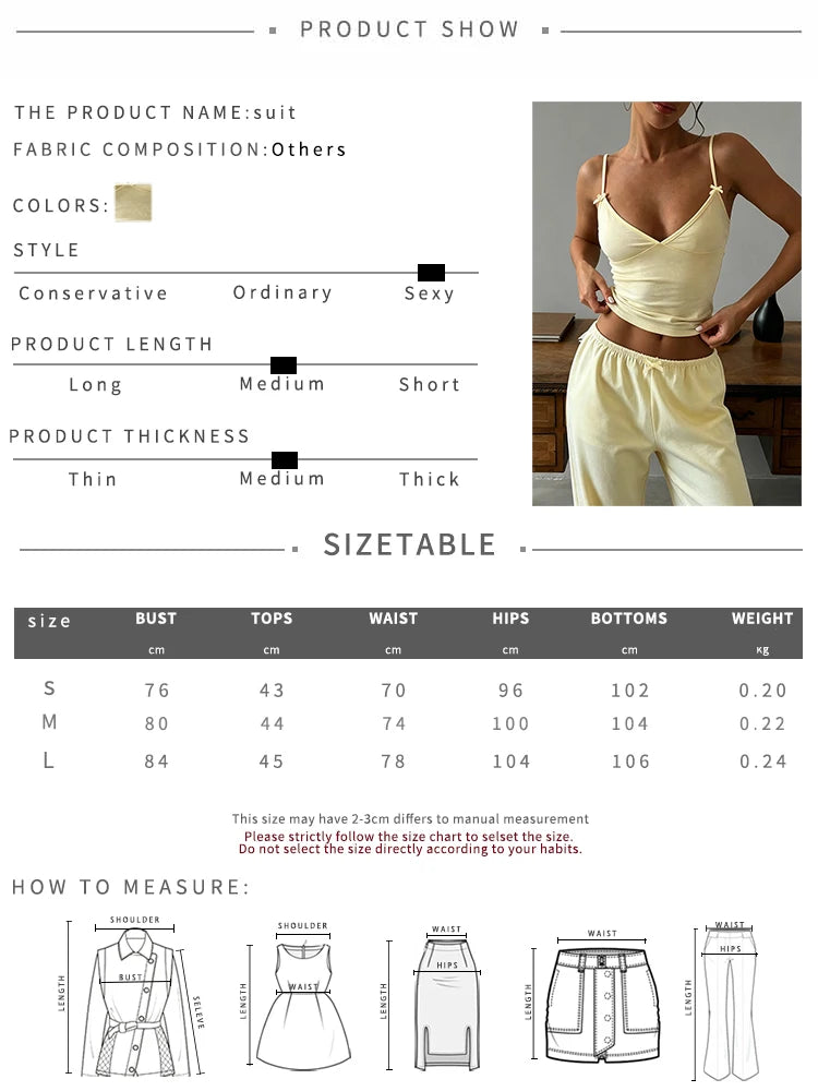 Fashion Chic 2 Piece Set Women Trend Chic Bow Applique V-Neck Camisole+Straight-Leg Pants Casuals Street Sport Suits