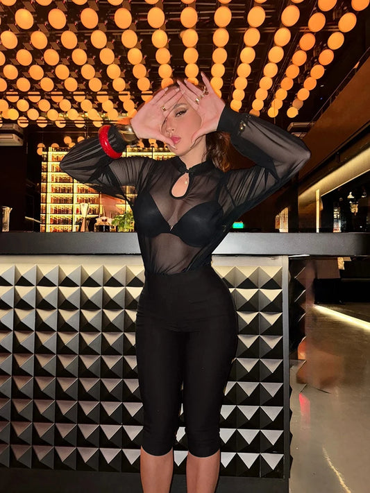 Sexy 2-Piece Set Women Stand Collar Patchwork See Through Hollow Frog Button Top+Elastic Waist Short Midnight Suits