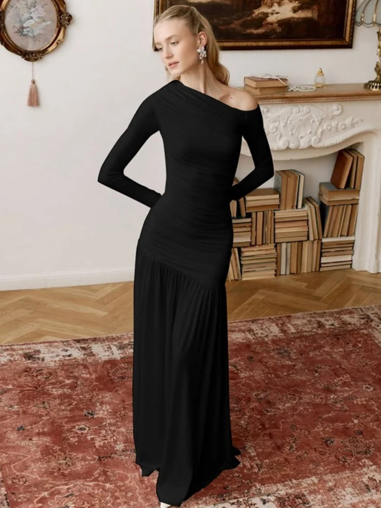 Off The Shoulder Long Sleeve Dresses Elegant Black Maxi Dress Fall Clothes Woman 2025