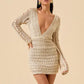 Women's Crochet Knit Cover Up Dress Deep V Neck Long Sleeve Hollow Out Mini Dress Beach Swimwear Summer Vacation