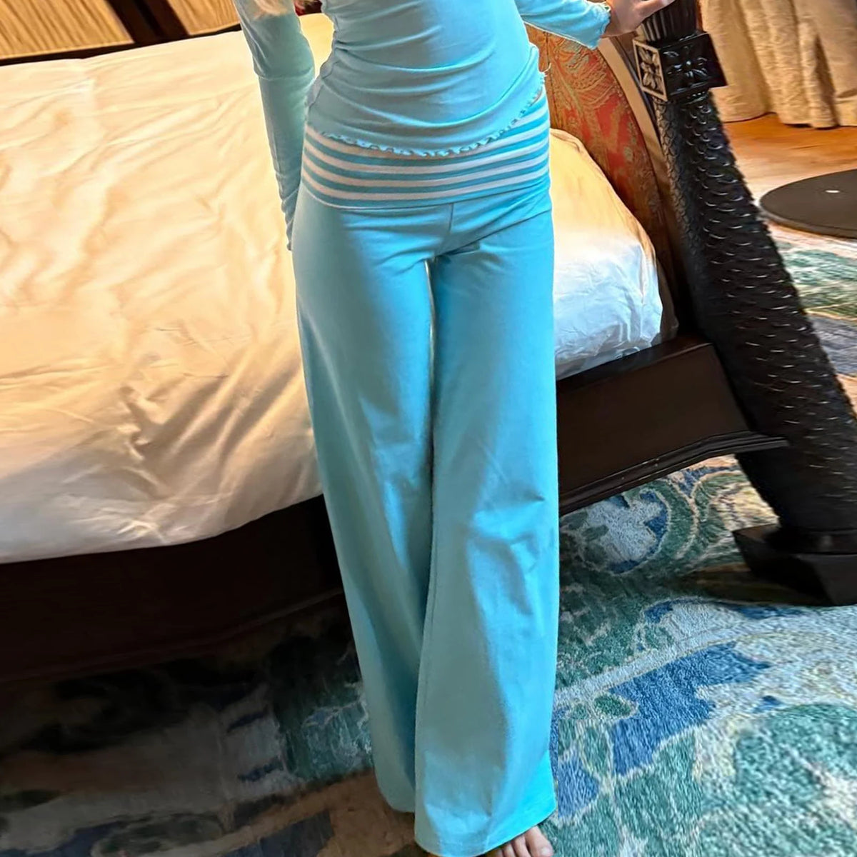 Y2K Fold Over Wide Leg Pants Preppy Women Striped Patchwork Low Waist Trousers Female Casual Lounge Yoga Sweatpants