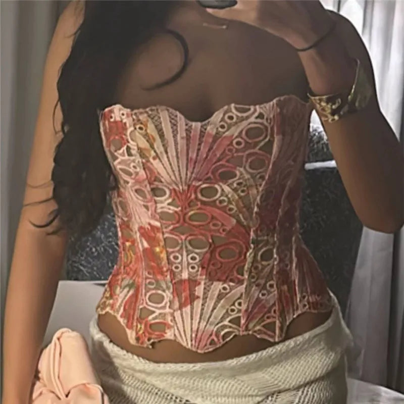 Sexy Print Hollow Out Corset Top Women Slim Bandage Strapless Backless Sleeveless Female Tops Summer Lady Y2k Party Vest