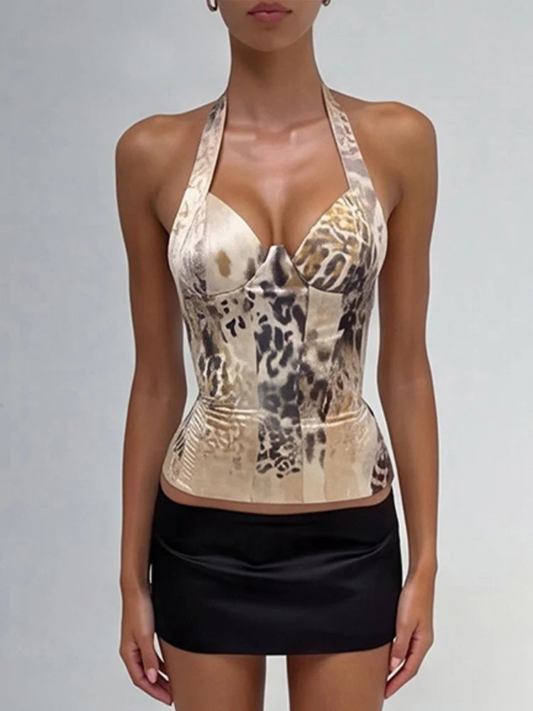 Halter Vest Women Fake Fishbone Decoration Low-Neck Backless Leopard Print Slim Sexy Midnight Summer Wild Streetwear
