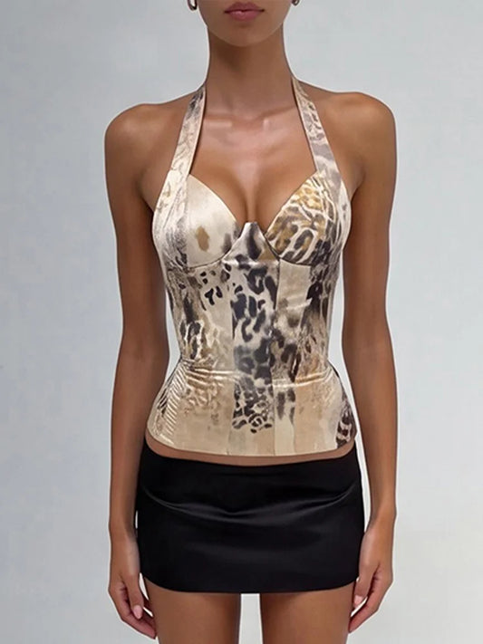 Halter Vest Women Fake Fishbone Decoration Low-Neck Backless Leopard Print Slim Sexy Midnight Summer Wild Streetwear