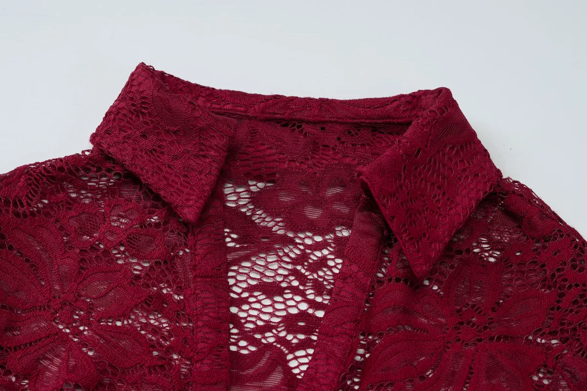 Woman Two Piece Sets Outfits Sexy Lace See-through Long Sleeve Cardigan Top and Shorts Matching Sets