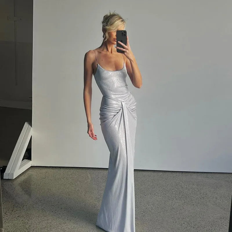 Silver Twisted Sleeveless Backless Maxi Dresses Women Elegant Sexy Evening Party Dress