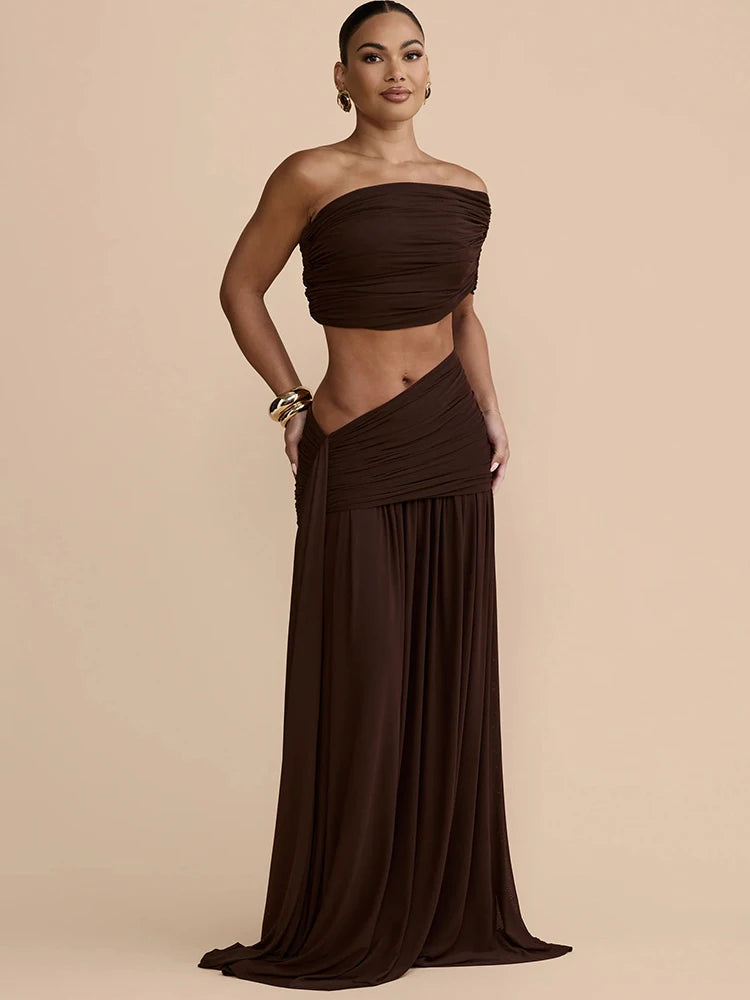 Women 2 Piece Set Elegant Strapless Crop Top And High Waist Split Maxi Skirt Sets Female Ruched Beach Club Party Sets