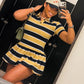 Stripe Print Mini Dress Woman Summer Trend Button Lapel Shots Sleeve Shape Waist Daily Casual Sporty Style Bodycon
