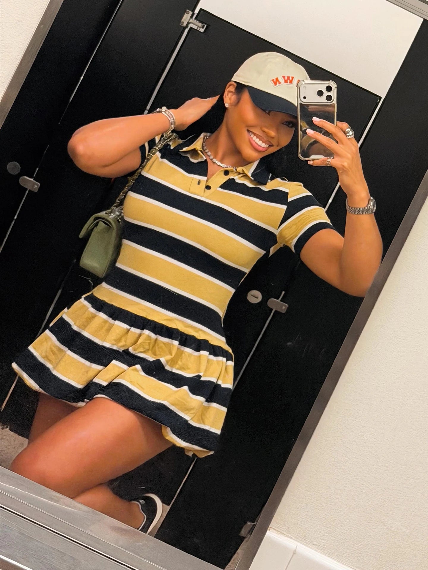 Stripe Print Mini Dress Woman Summer Trend Button Lapel Shots Sleeve Shape Waist Daily Casual Sporty Style Bodycon