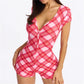 Holiday Xmas Stripe Tartan Romper Ladies Deep V Henley Button Front Short Sleeve Stretch Skinny Sleep Short Jumpsuit