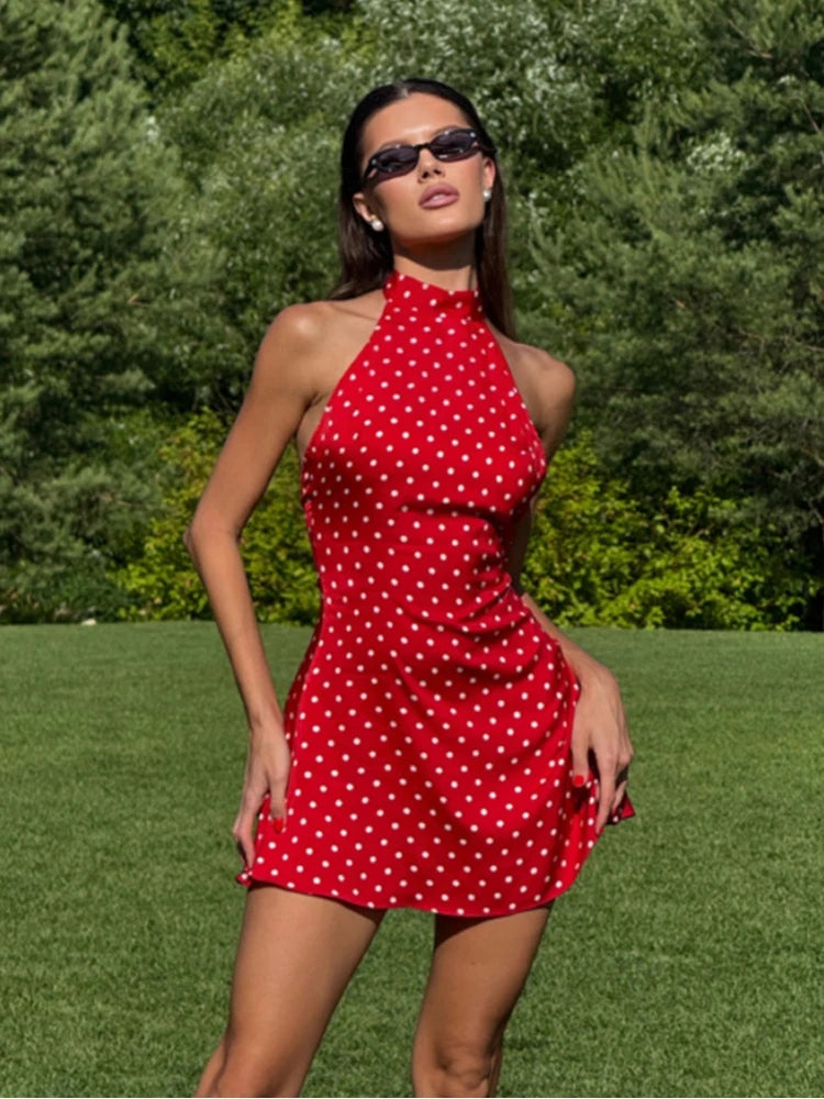 Black and White Polka Dot Satin Halter Backless Mini Dresses French Style Elegant Sexy Summer Dress Woman 2025