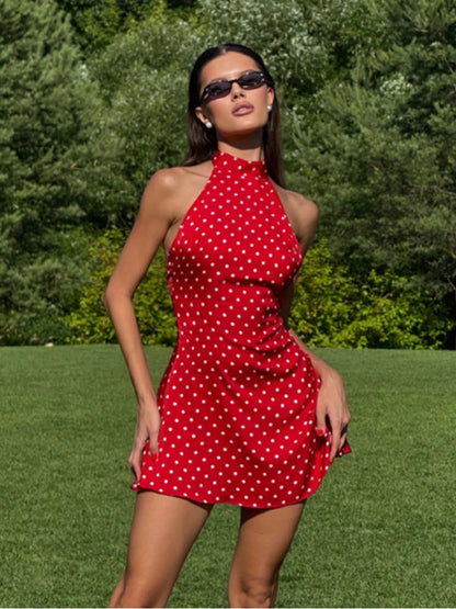 Black and White Polka Dot Satin Halter Backless Mini Dresses French Style Elegant Sexy Summer Dress Woman
